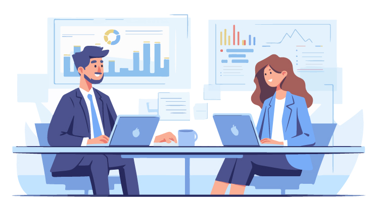 Two team members in business attire in an office meeting room, discussing Shopify Theme optimization.