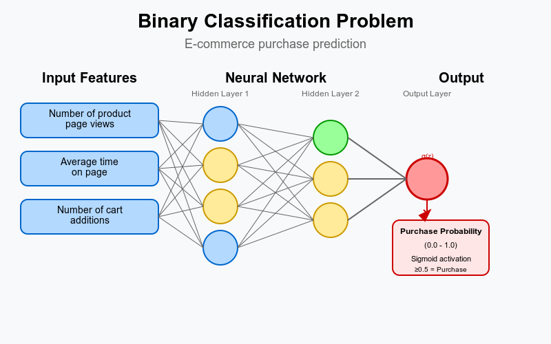 A visuzalization of eCommerce binary classification problem with input features, NN, and output