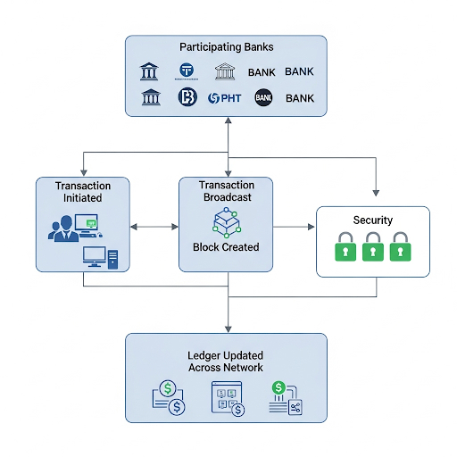 blockchain_in_banking A diagram depicting the process flow of blockchain operations in banking